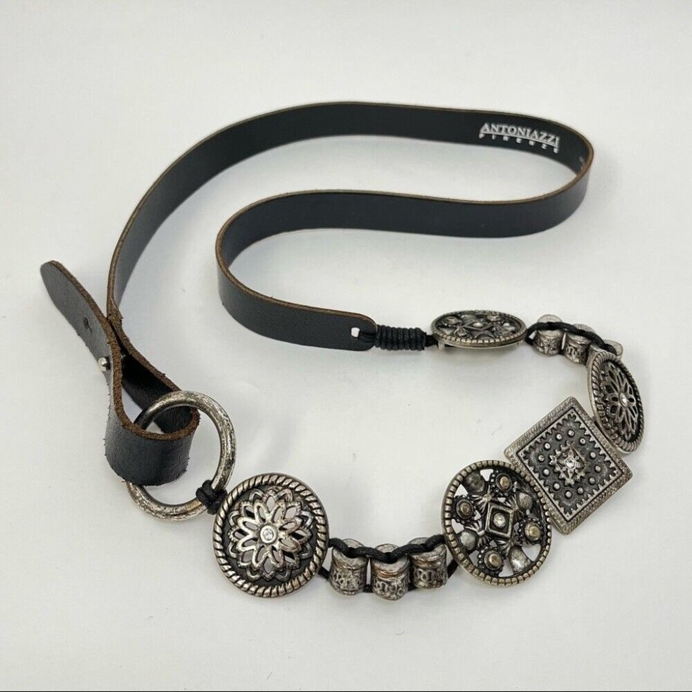 Antoniazzi Firenze Concho Artsy Genuine Leather Belt Made in Italy Black Silver